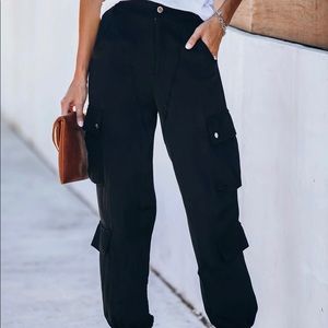 Black Satin cargo pants with pockets- never worn